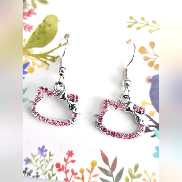 Handmade Hello Kitty Inspired Earrings | Pink Rhinestone Dangle Jewelry - Picture 1 of 4